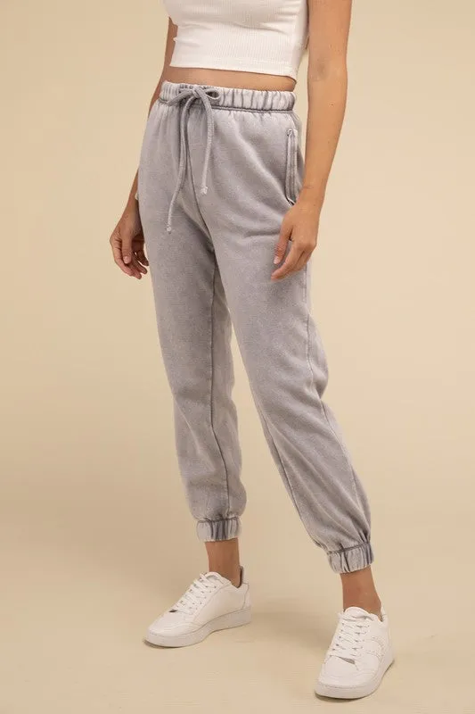 Acid Wash Fleece Jogger Sweatpants with Pockets