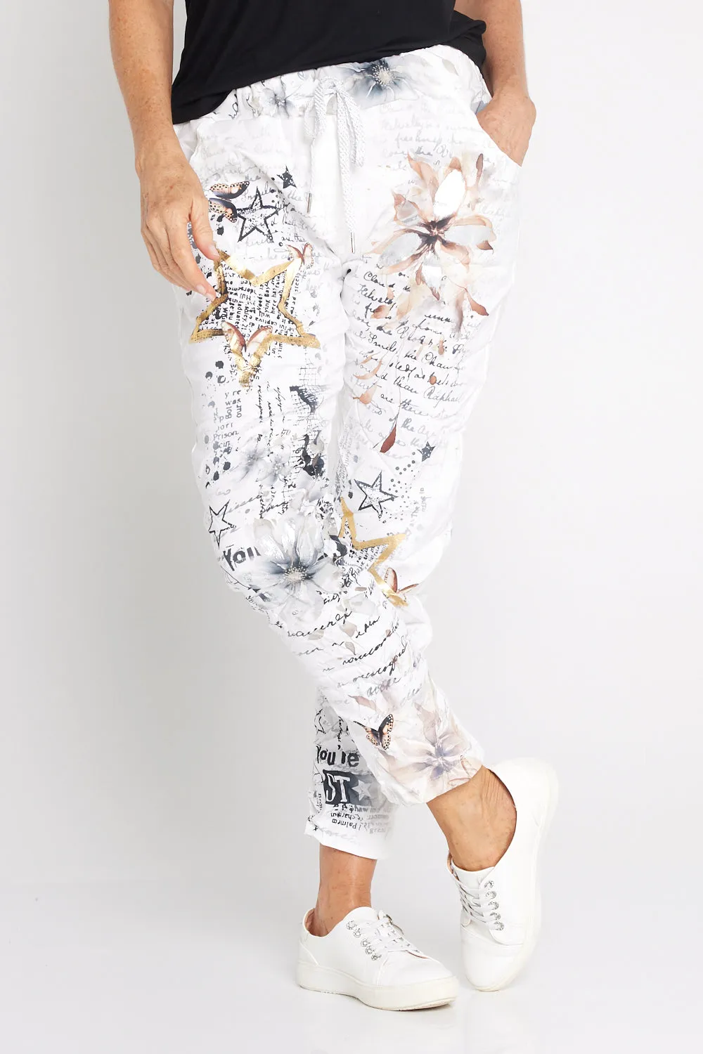 Alina Pants - White/Cocoa Butterflies