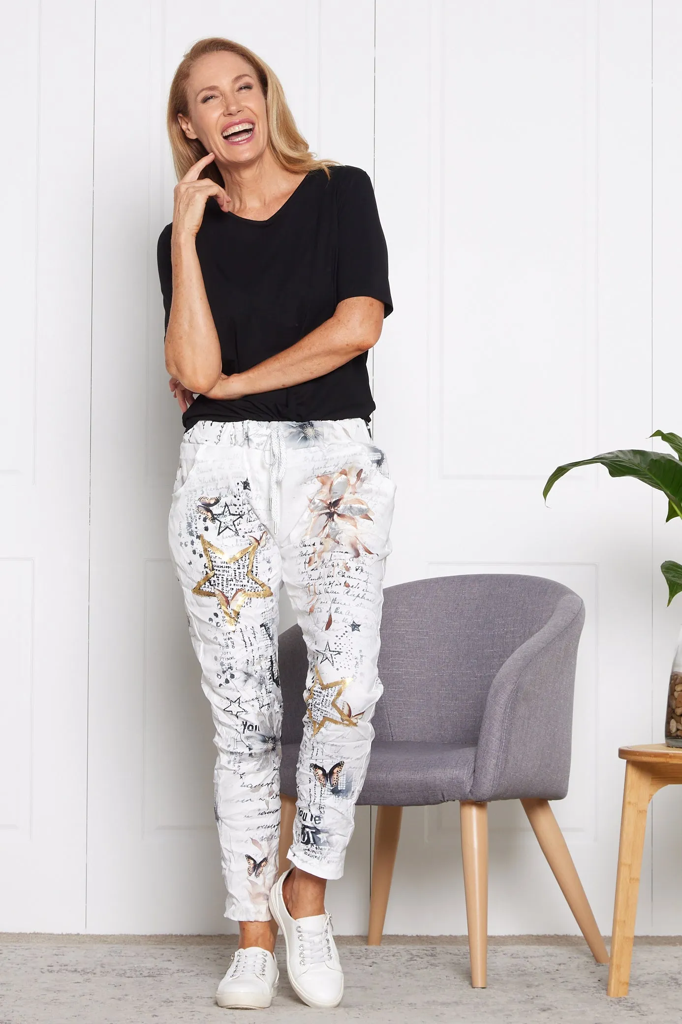 Alina Pants - White/Cocoa Butterflies