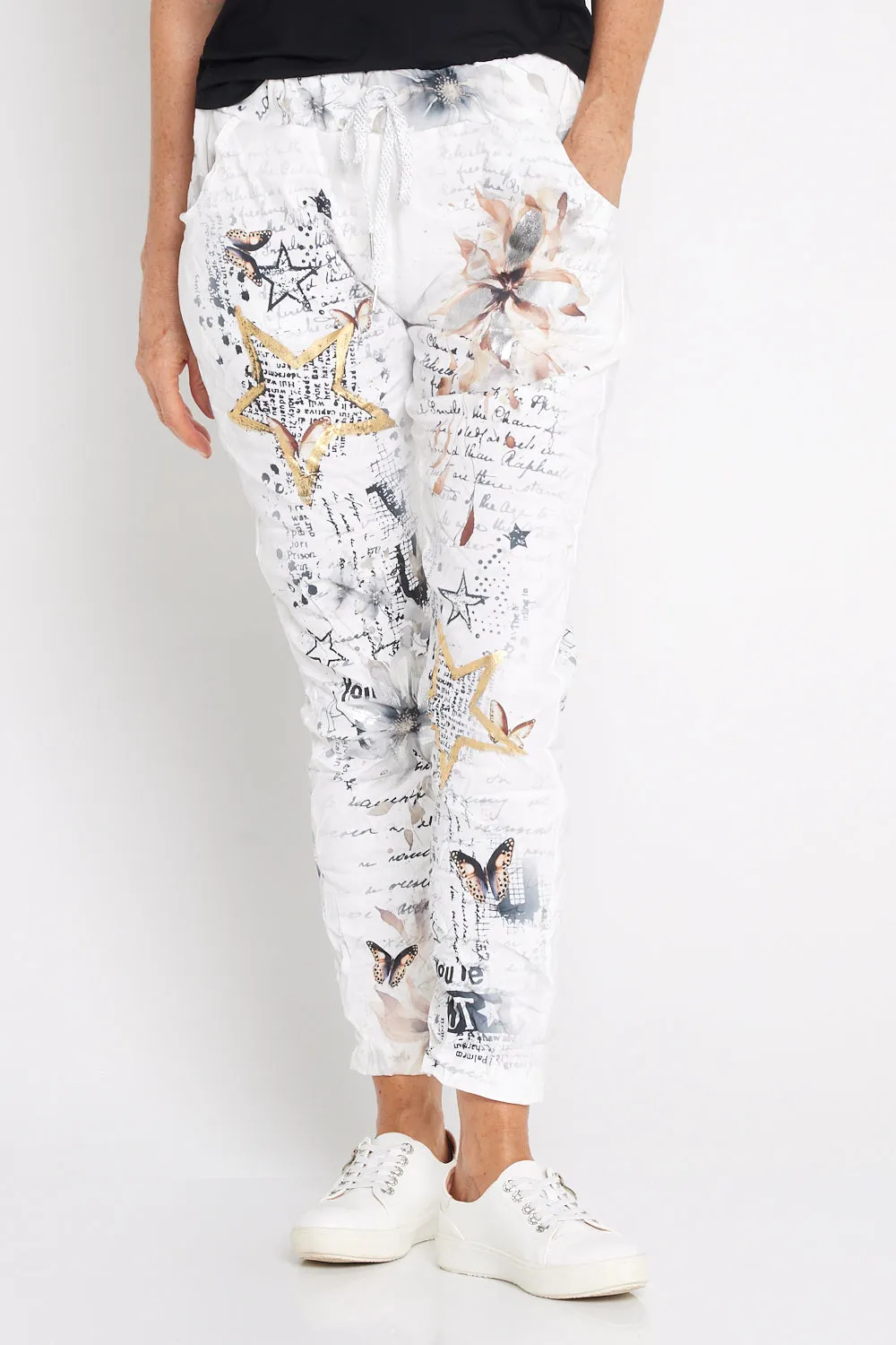 Alina Pants - White/Cocoa Butterflies