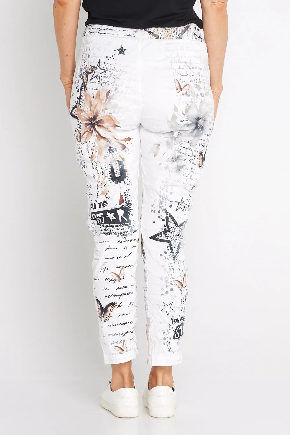 Alina Pants - White/Cocoa Butterflies