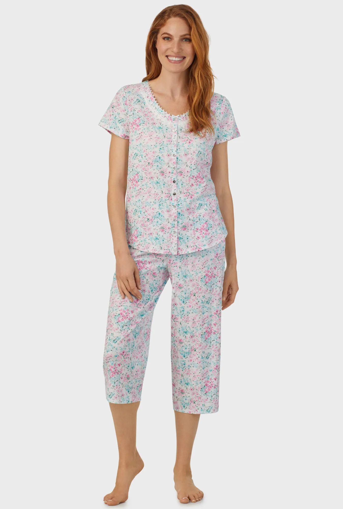 Aqua and Pink Floral Short Sleeve Capri Pant PJ Set