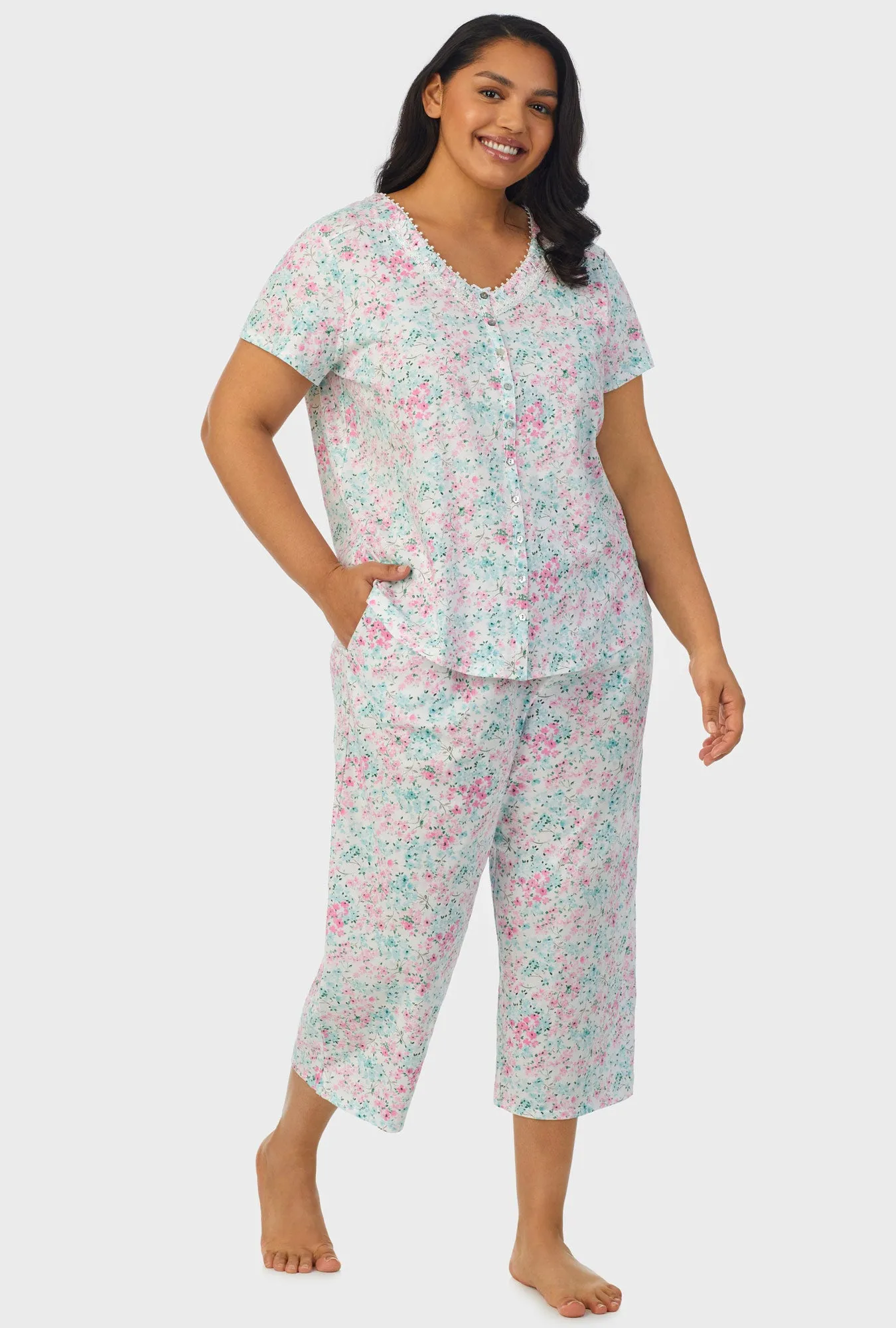 Aqua and Pink Floral Short Sleeve Capri Pant PJ Set