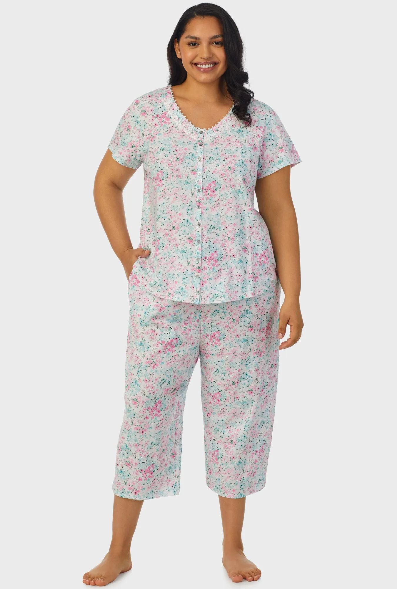 Aqua and Pink Floral Short Sleeve Capri Pant PJ Set