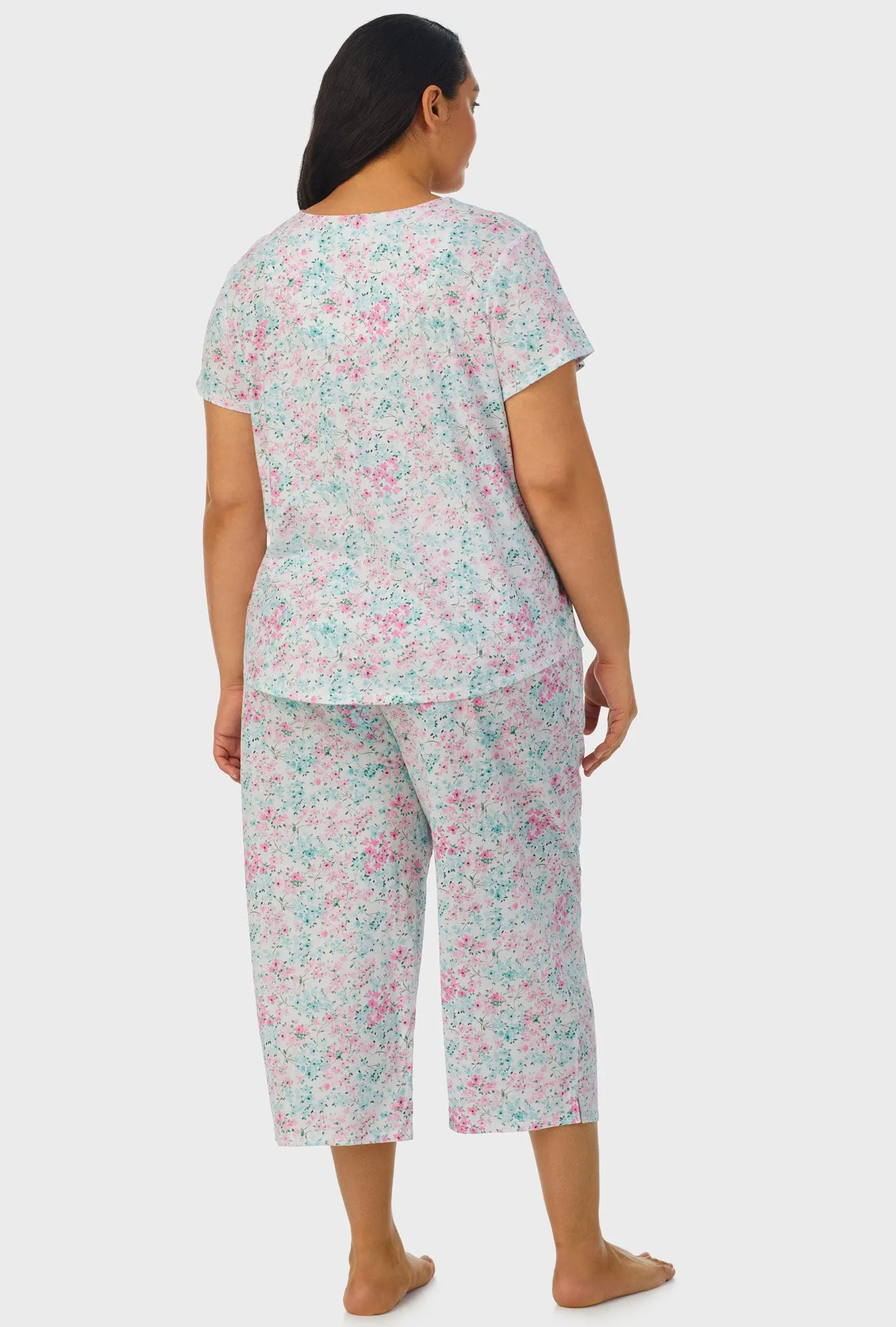 Aqua and Pink Floral Short Sleeve Capri Pant PJ Set