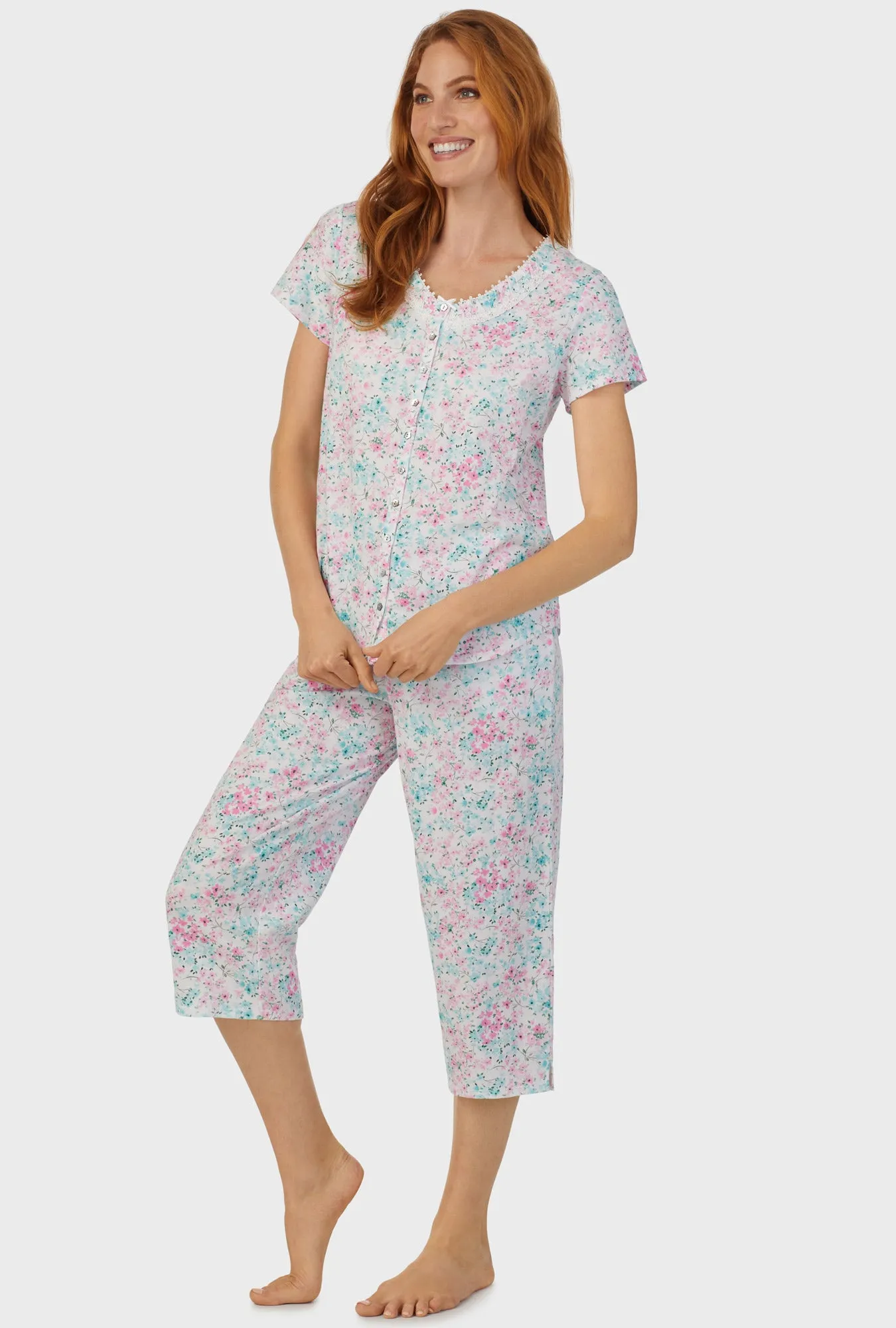 Aqua and Pink Floral Short Sleeve Capri Pant PJ Set