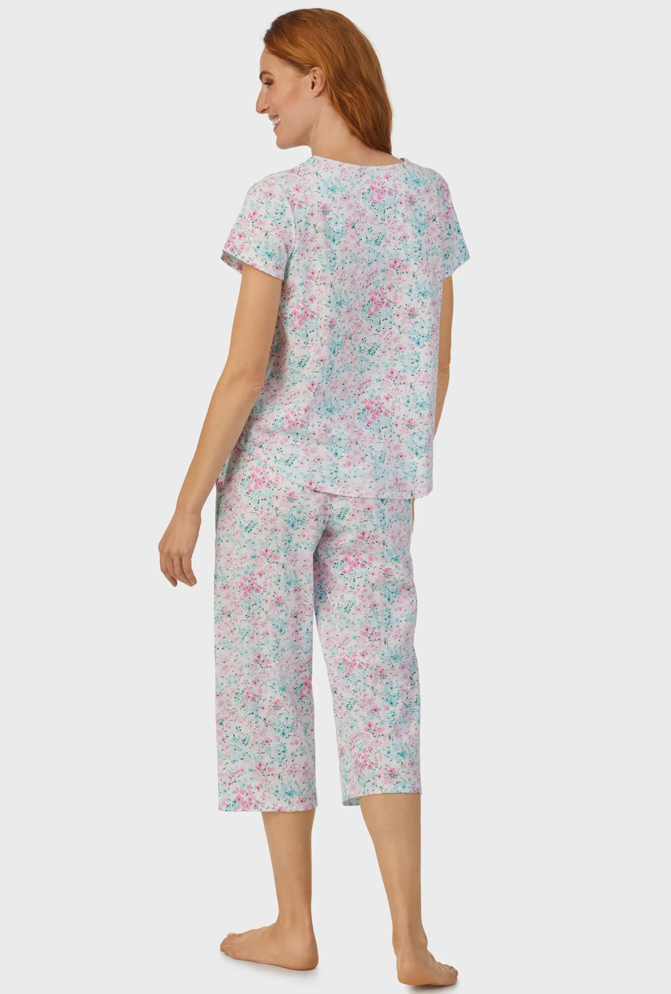 Aqua and Pink Floral Short Sleeve Capri Pant PJ Set