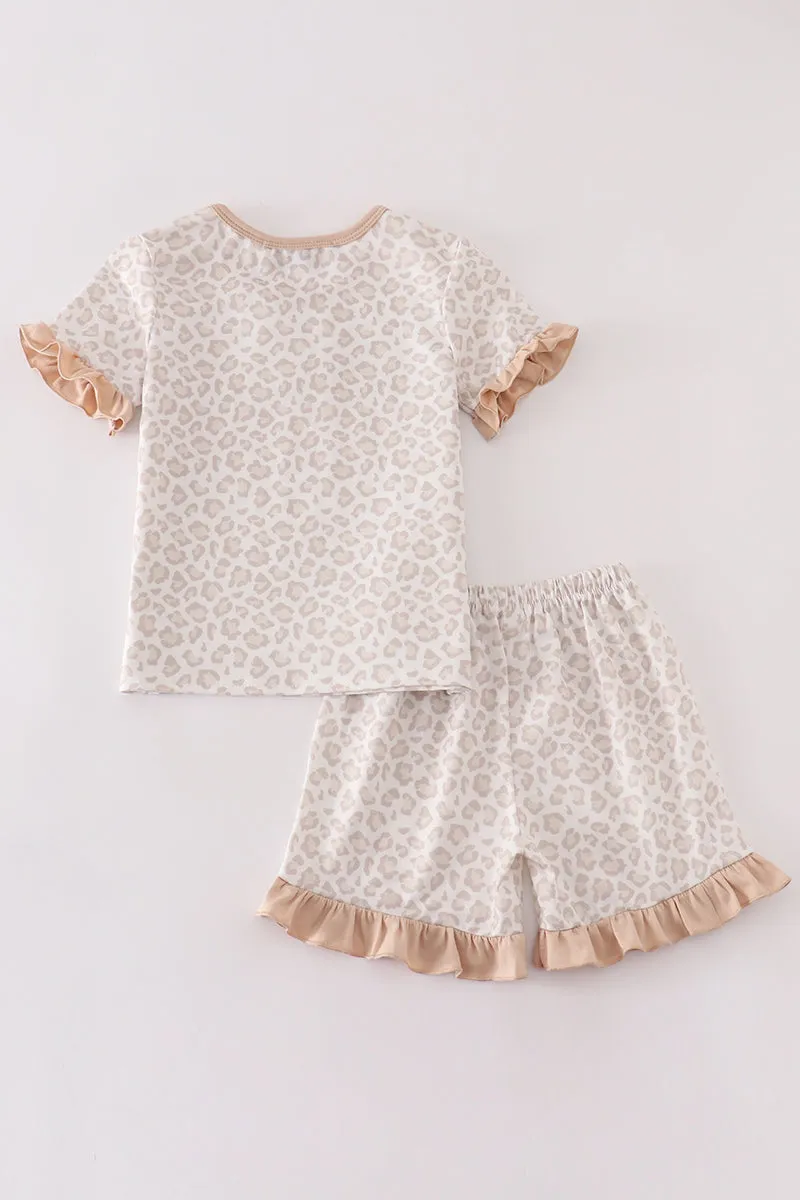 Beige leopard girl ruffle shorts set