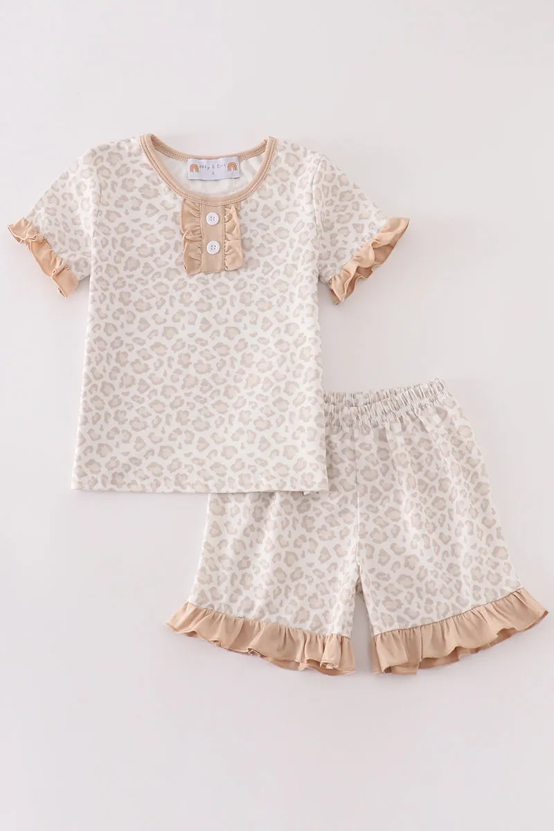 Beige leopard girl ruffle shorts set