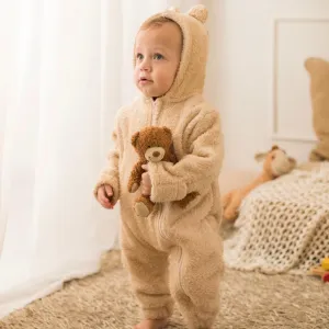 Beige Teddy Fleeced Hooded Onesie