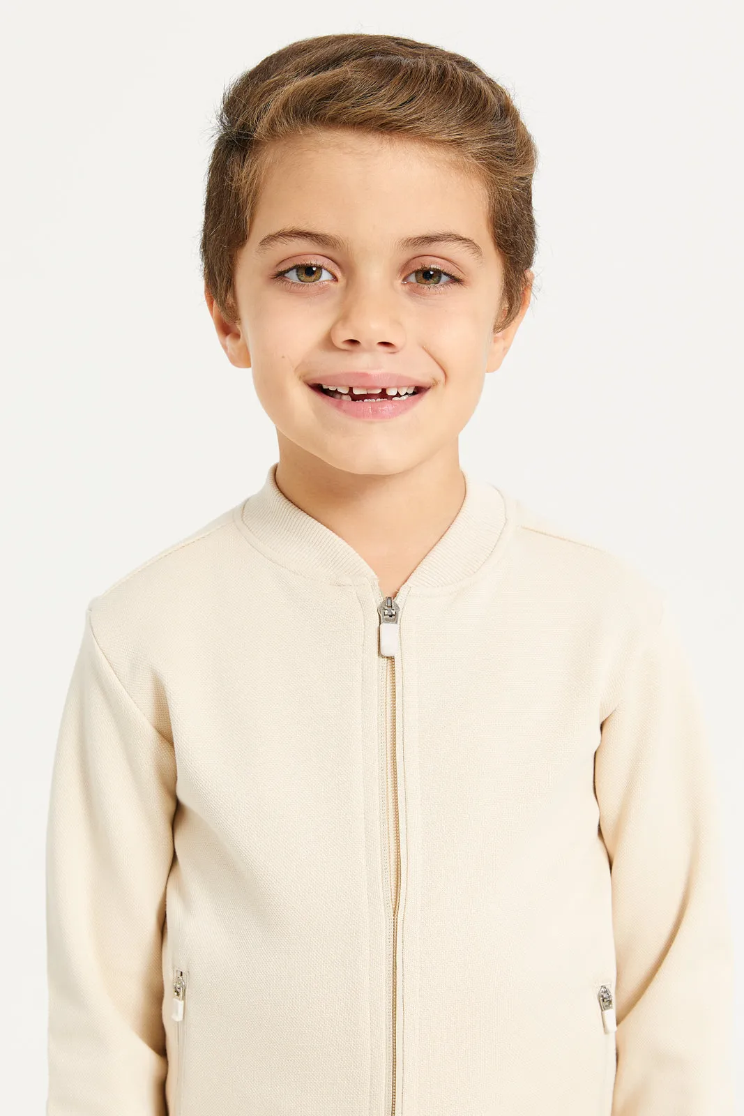 Boys Beige Front Zipper Sweatshirt