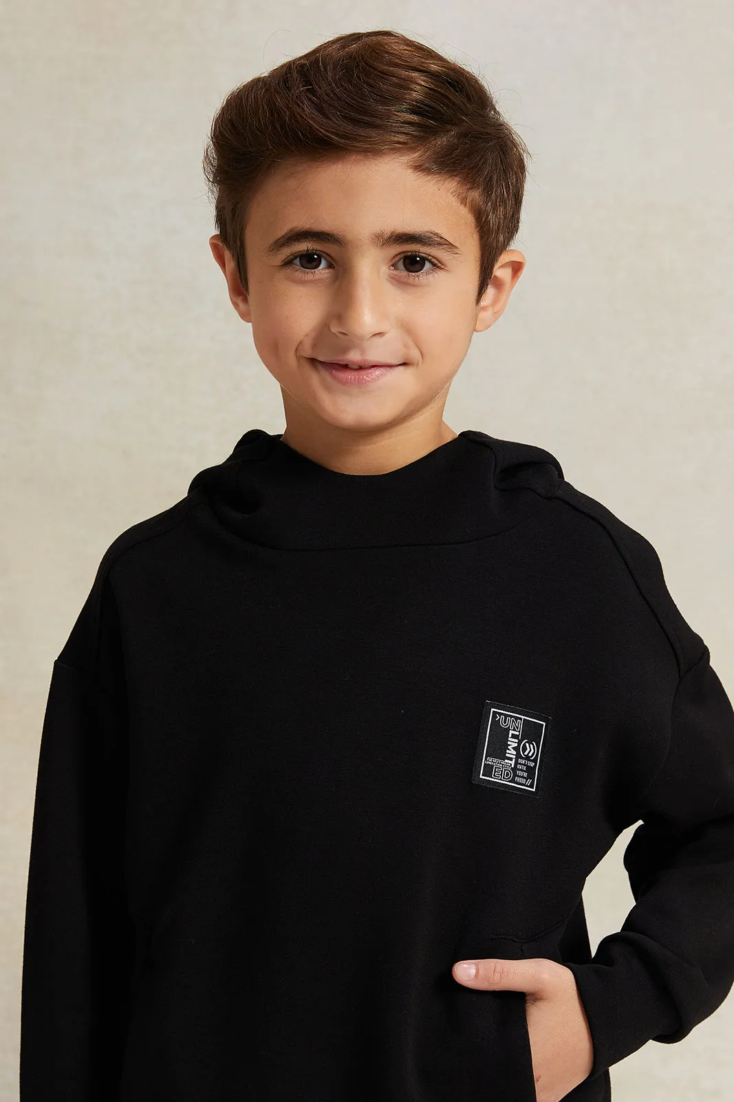 Boys Black Soft Fabric Hooded Sweatshirt