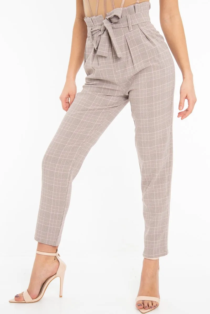 Brown Pink Check Tie Waist Tapered Trousers - Nikita