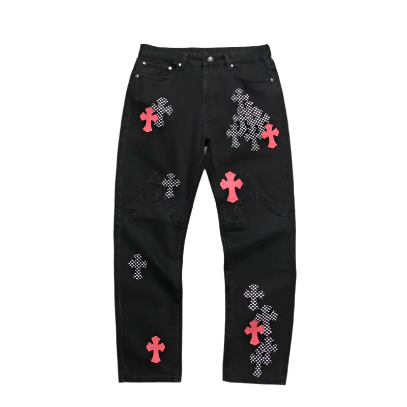 CHROME HEARTS PINK & CHECKERED CROSS PATCH FLEURKNEE JEANS BLACK