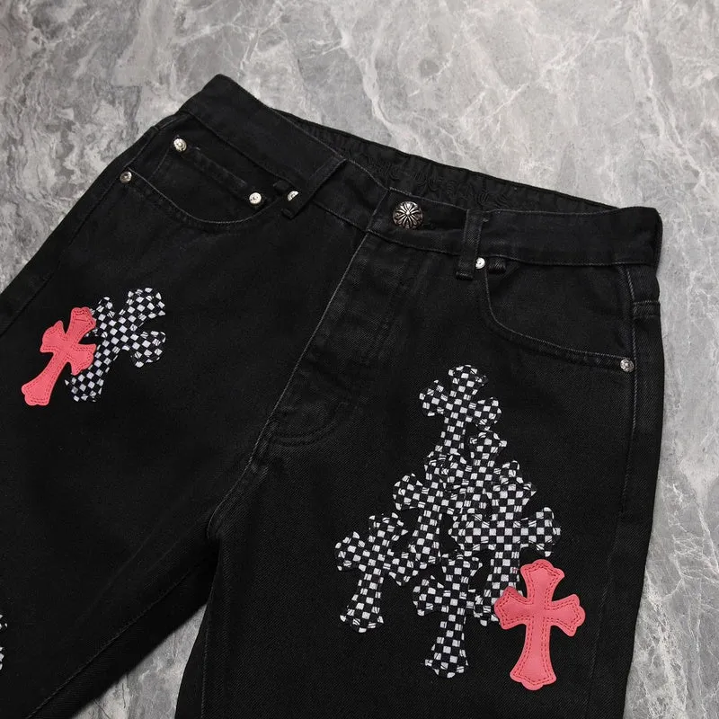 CHROME HEARTS PINK & CHECKERED CROSS PATCH FLEURKNEE JEANS BLACK