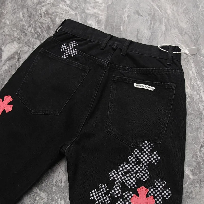 CHROME HEARTS PINK & CHECKERED CROSS PATCH FLEURKNEE JEANS BLACK