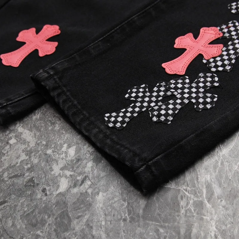 CHROME HEARTS PINK & CHECKERED CROSS PATCH FLEURKNEE JEANS BLACK