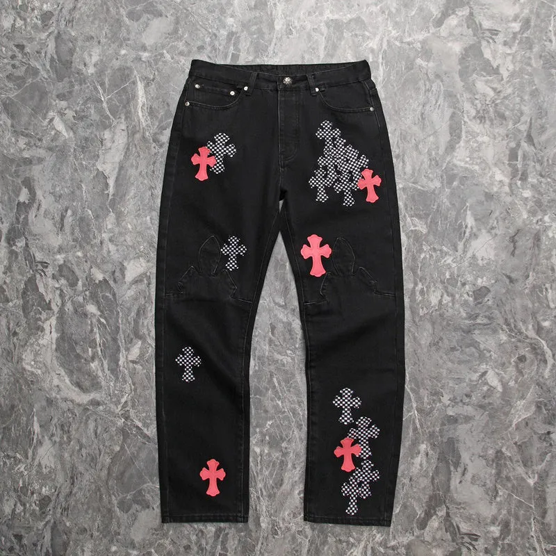 CHROME HEARTS PINK & CHECKERED CROSS PATCH FLEURKNEE JEANS BLACK