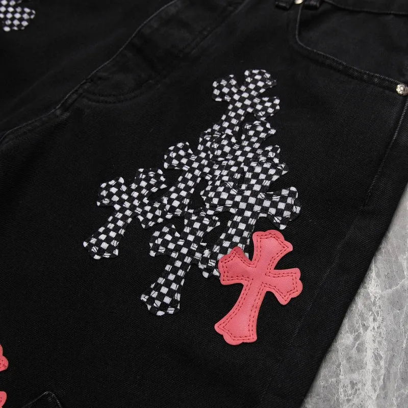 CHROME HEARTS PINK & CHECKERED CROSS PATCH FLEURKNEE JEANS BLACK