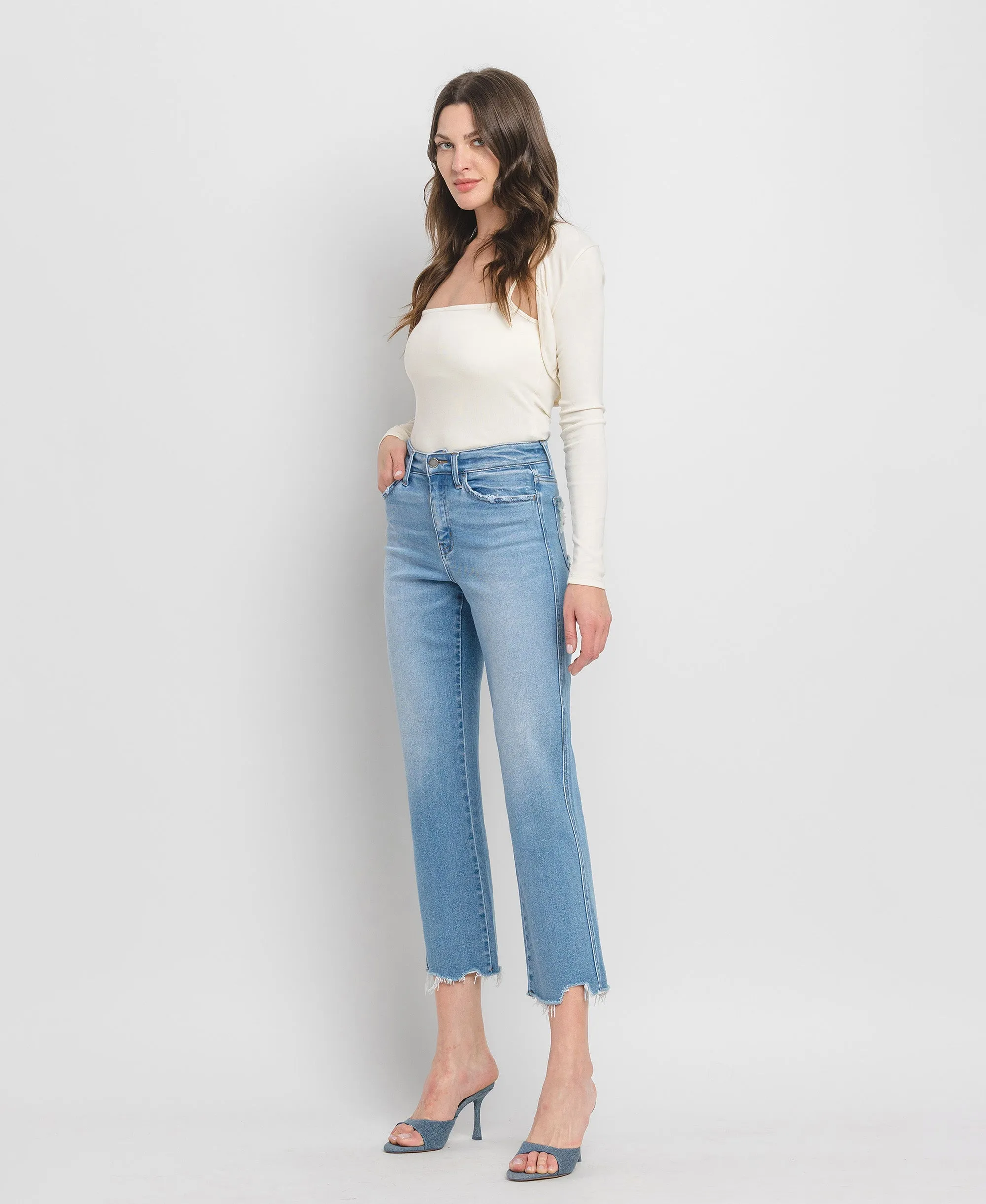 Comfy - High Rise Frayed Hem Crop Straight Jeans