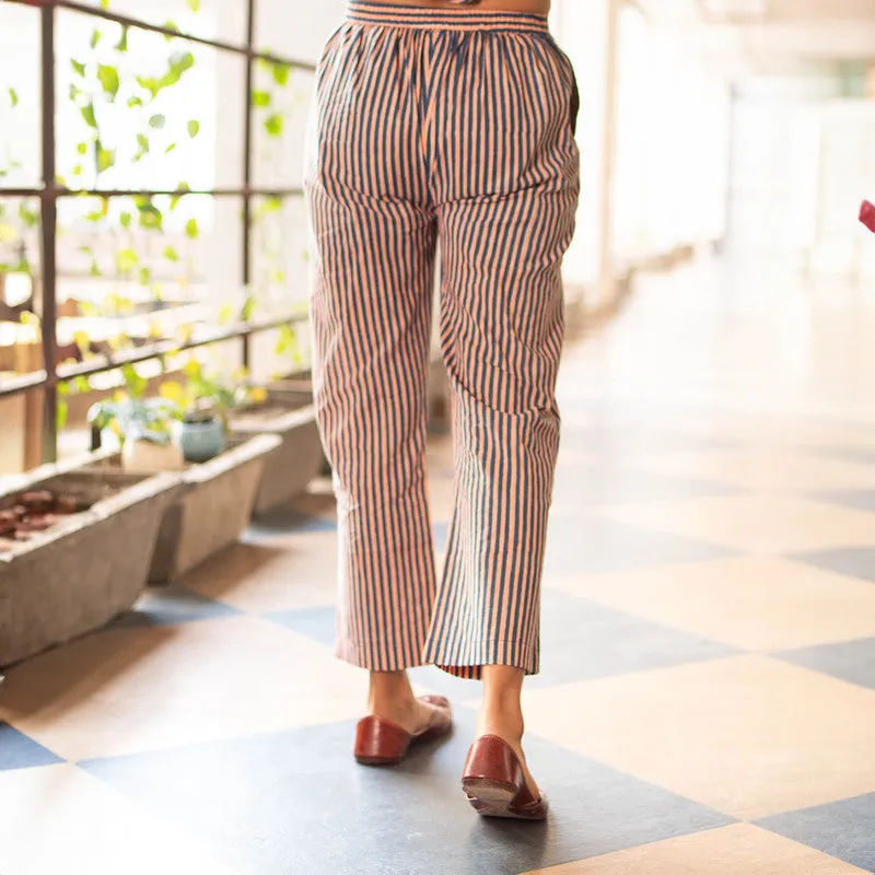 Cotton Trouser Pants for Women | Blue | Striped | Straight Fit