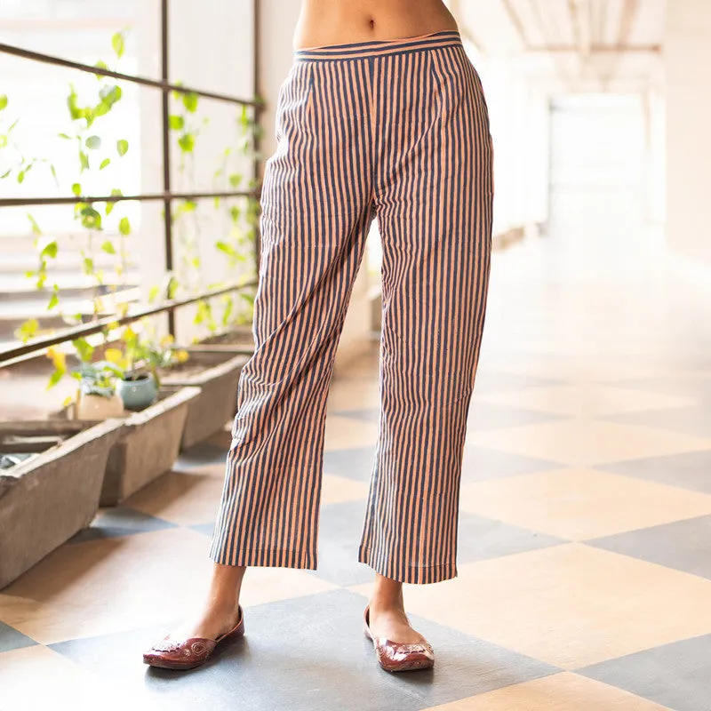 Cotton Trouser Pants for Women | Blue | Striped | Straight Fit