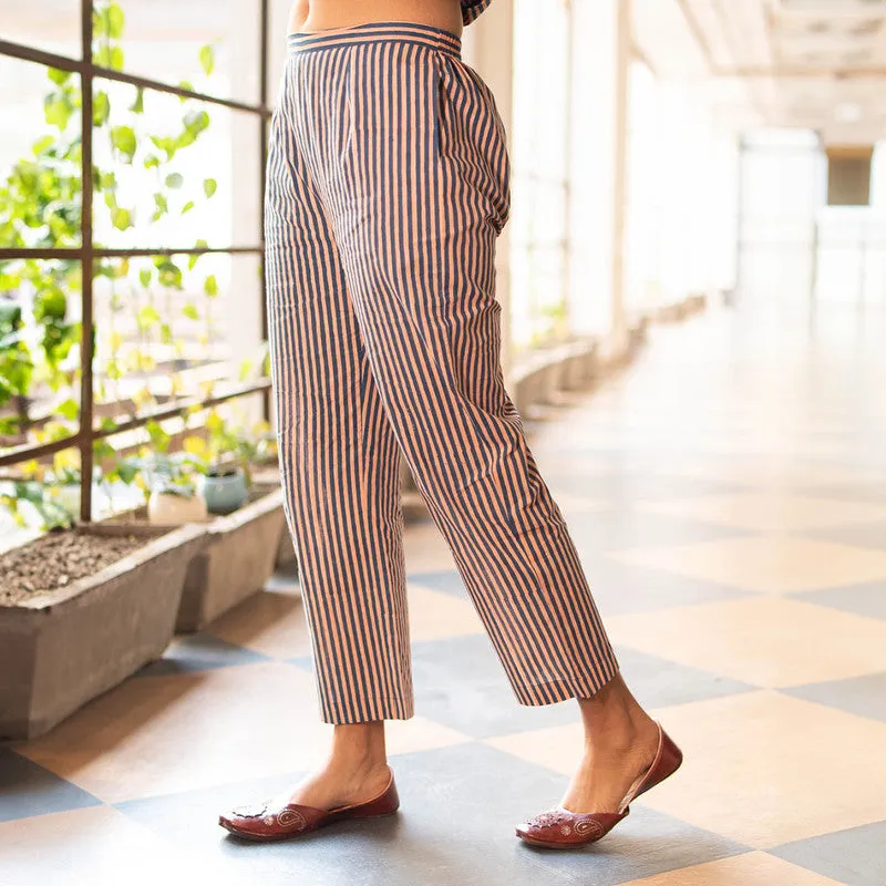 Cotton Trouser Pants for Women | Blue | Striped | Straight Fit