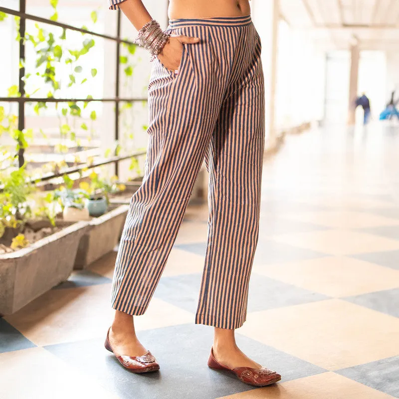 Cotton Trouser Pants for Women | Blue | Striped | Straight Fit