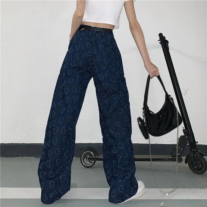 Denim 90S Aesthetic Heart Print Wide Leg Jeans