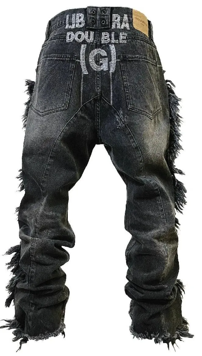 Distressed Fur-Trimmed Gothic Jeans