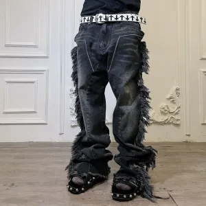 Distressed Fur-Trimmed Gothic Jeans