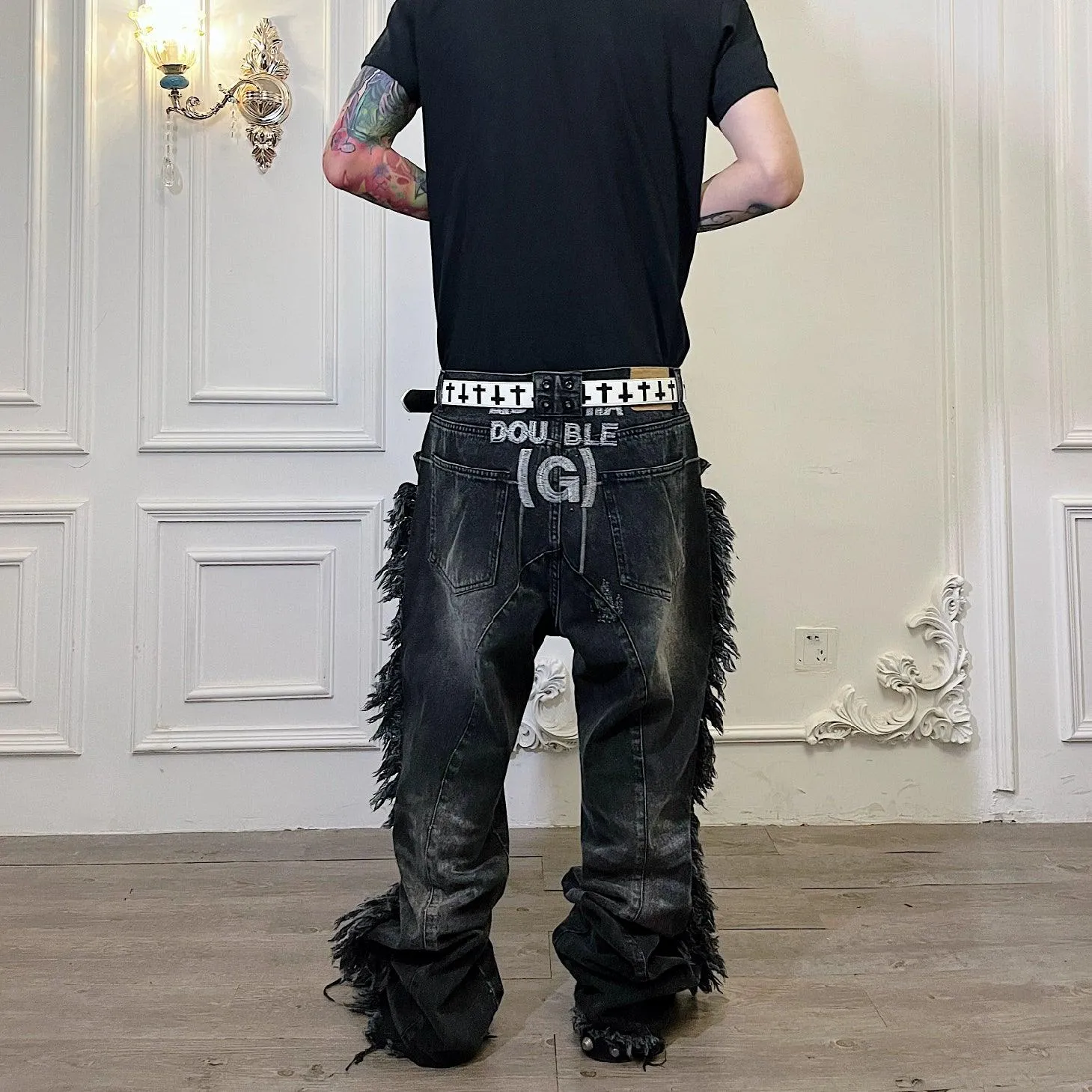 Distressed Fur-Trimmed Gothic Jeans