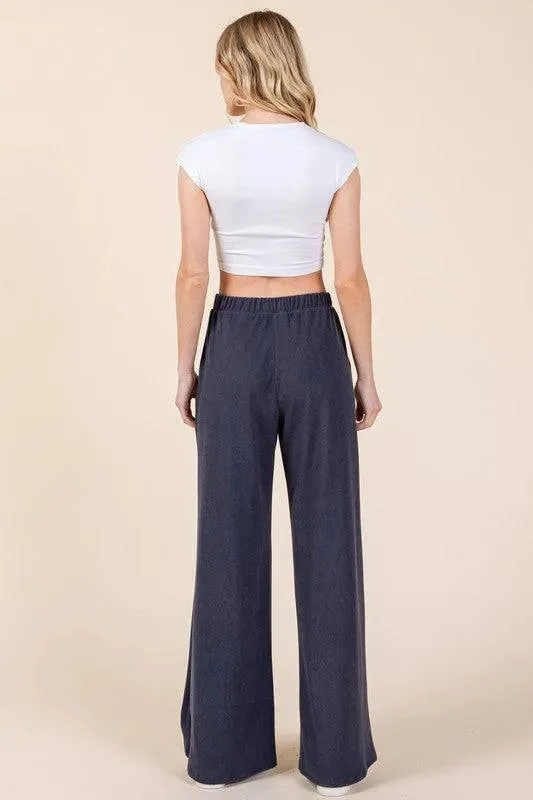 Elastic Waist Wide-Leg Pants with Pockets