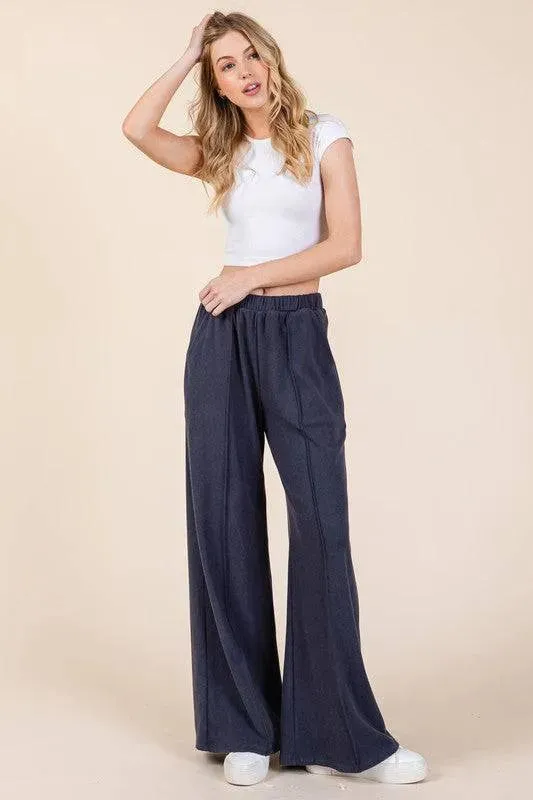 Elastic Waist Wide-Leg Pants with Pockets