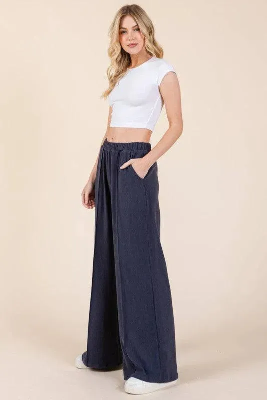 Elastic Waist Wide-Leg Pants with Pockets