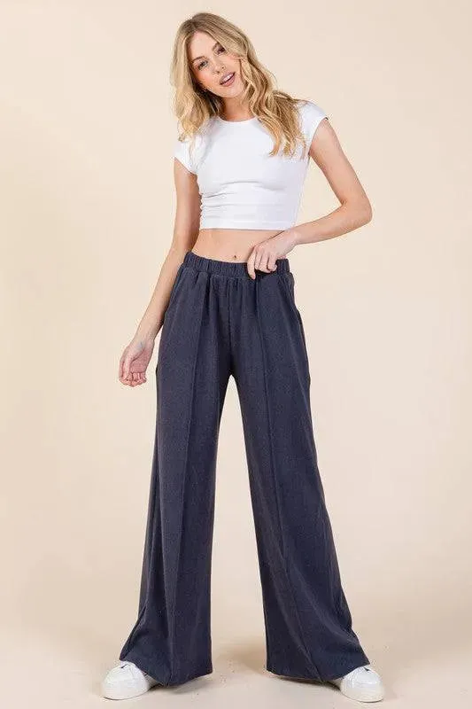 Elastic Waist Wide-Leg Pants with Pockets