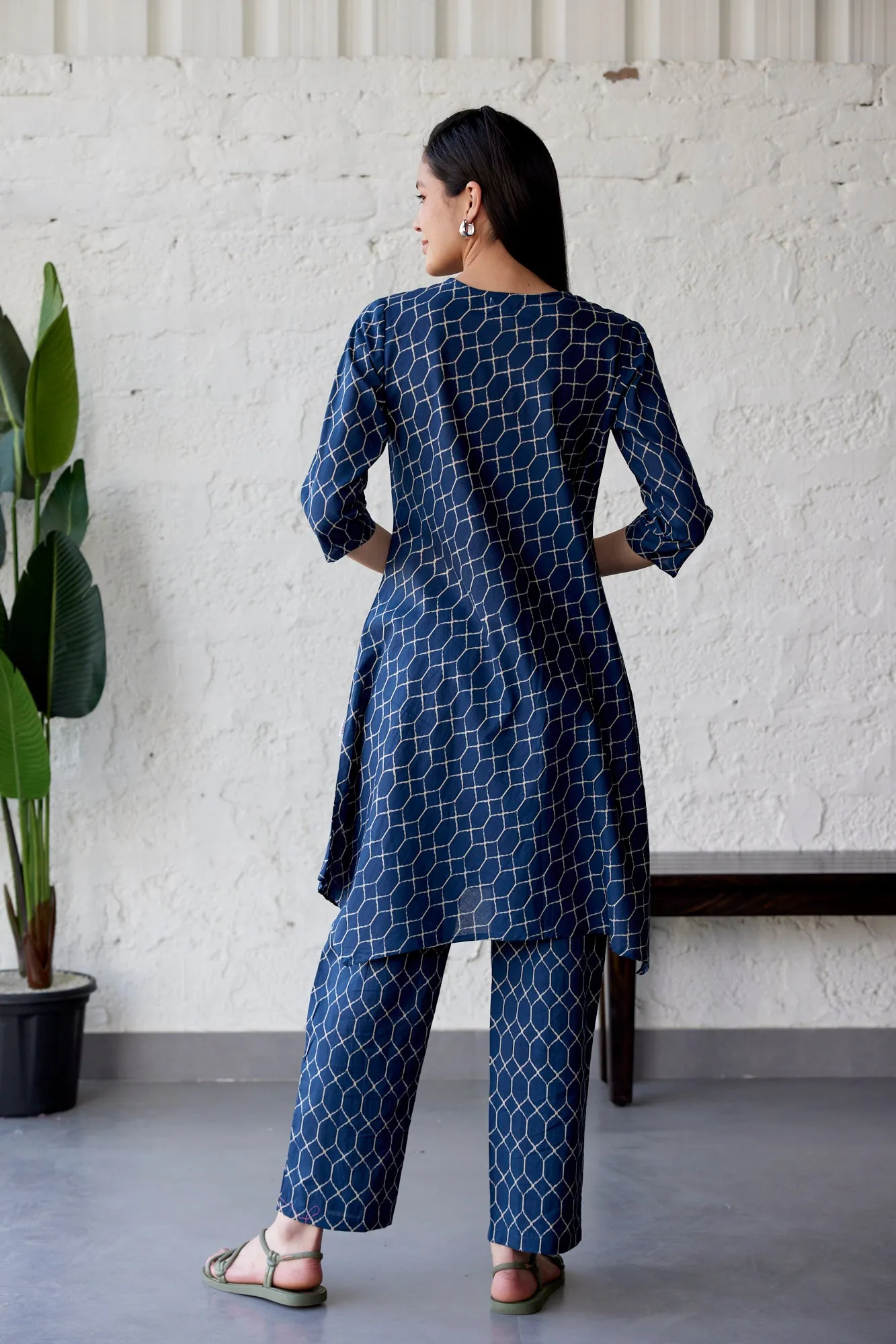 Geometrical Indigo Cotton Lounge Co-ord Set