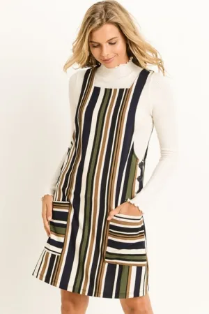 Gilli Striped Jumper Overalls Dress w/ Pockets - Navy Olive