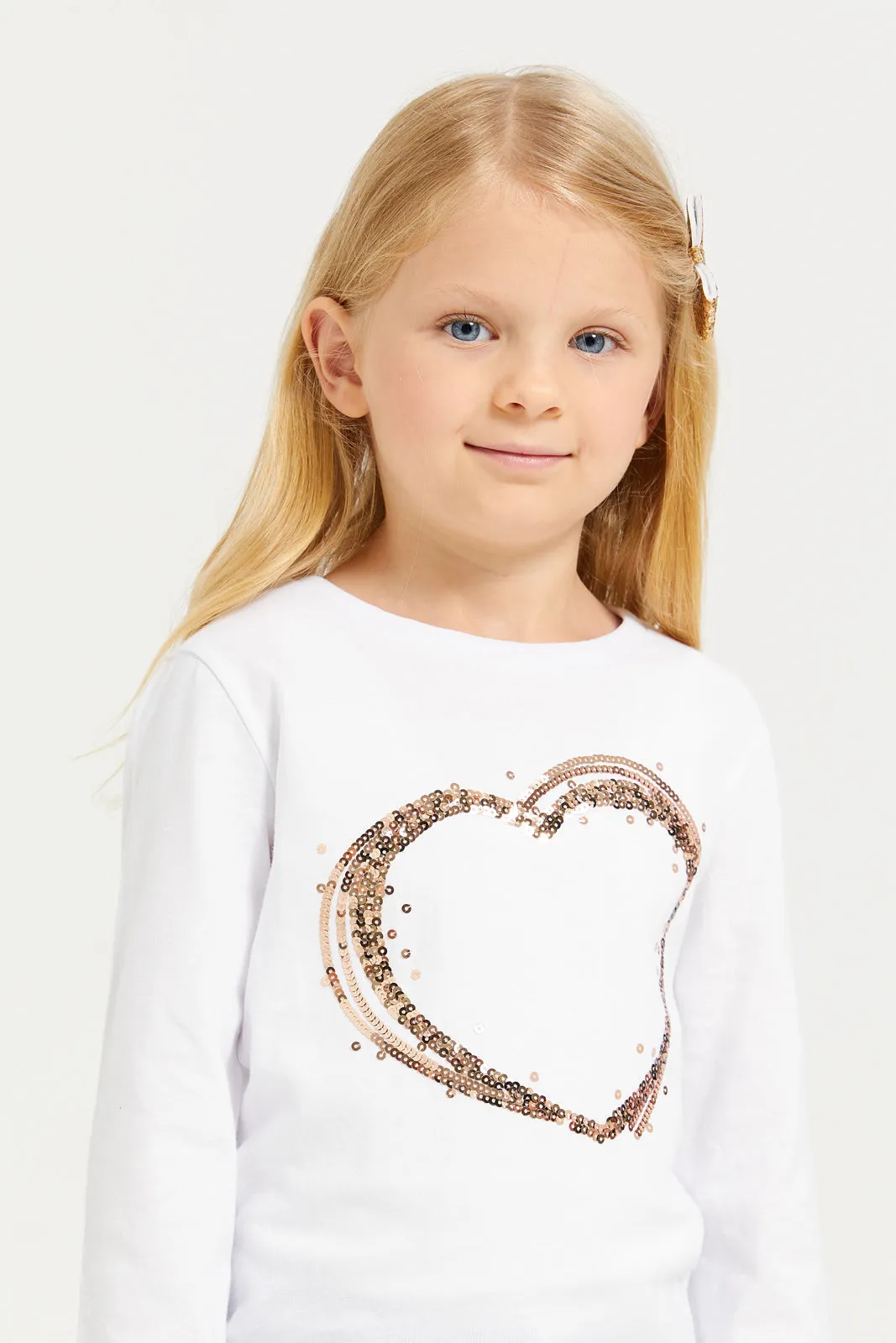 Girls White Heart Printed T-Shirt