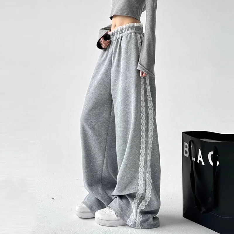 Gray sweatpants women high waist splicing drape slim sports wide-leg