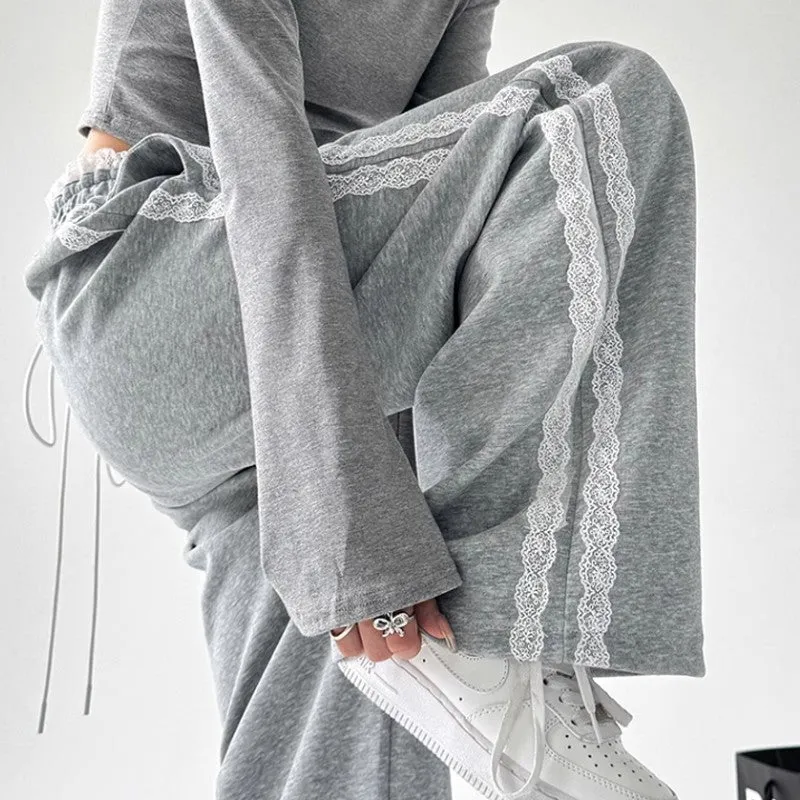 Gray sweatpants women high waist splicing drape slim sports wide-leg