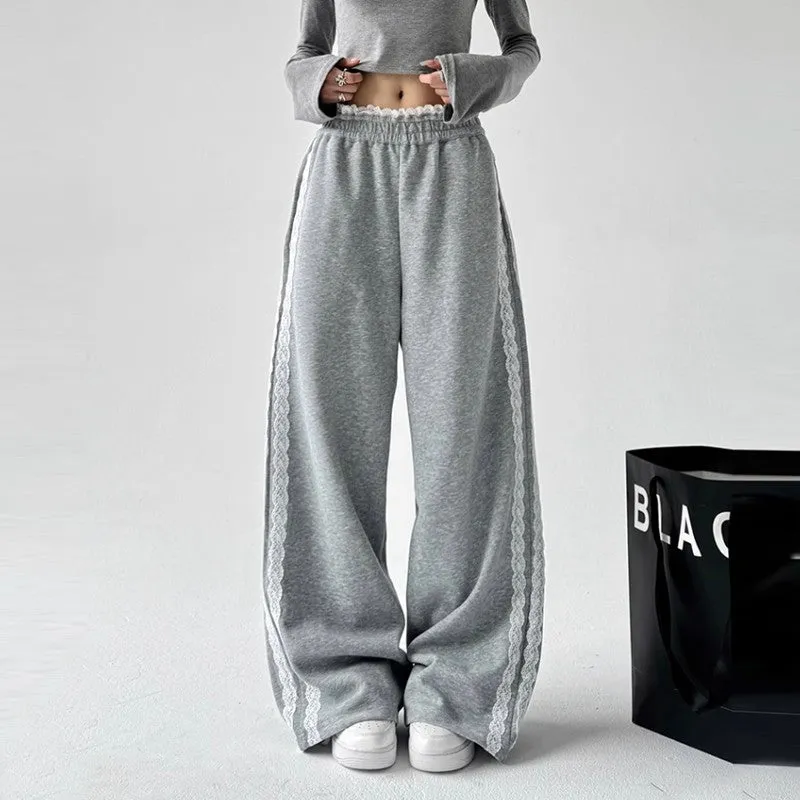 Gray sweatpants women high waist splicing drape slim sports wide-leg