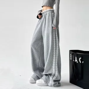 Gray sweatpants women high waist splicing drape slim sports wide-leg