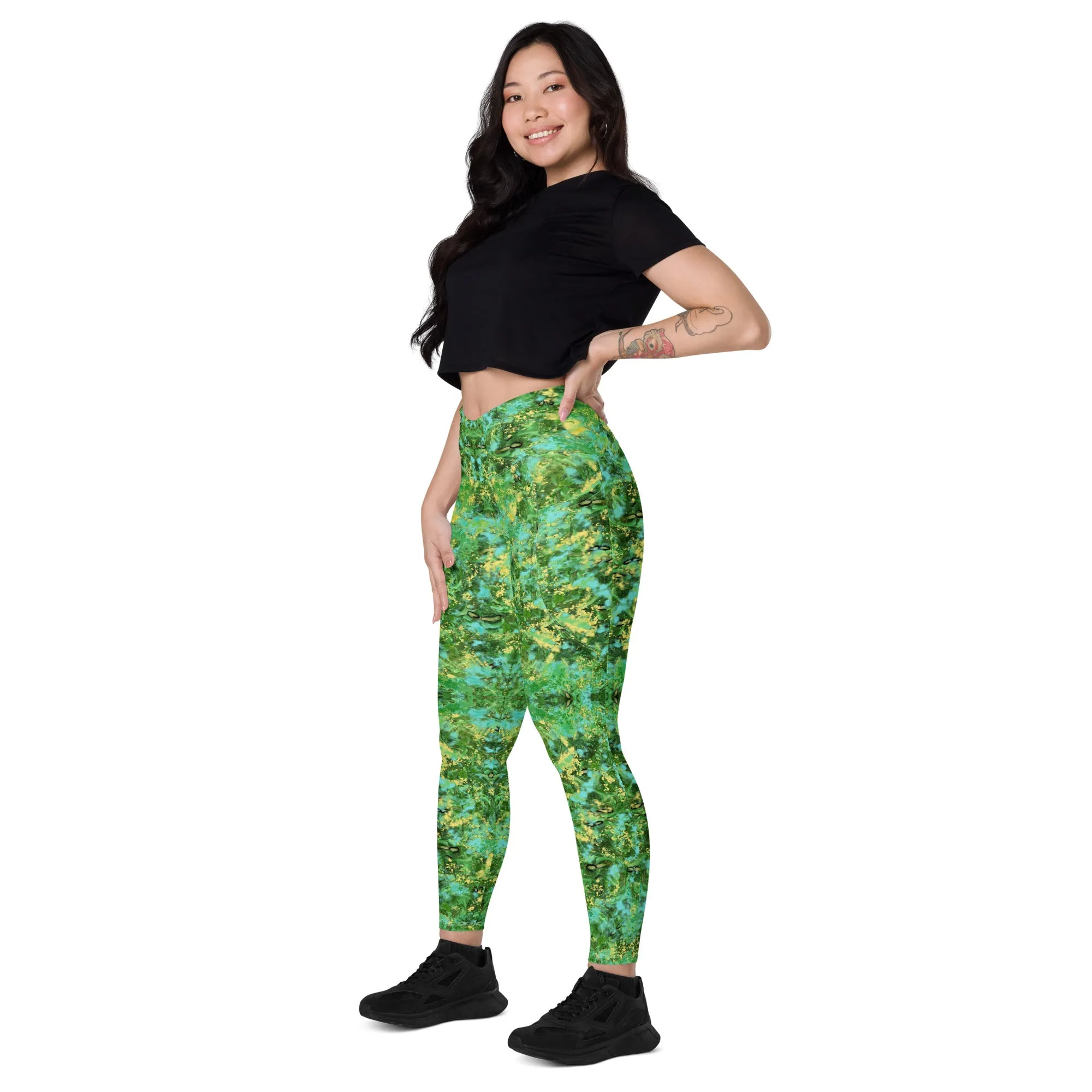 Green blue Kalidoscope Crossover leggings with pockets