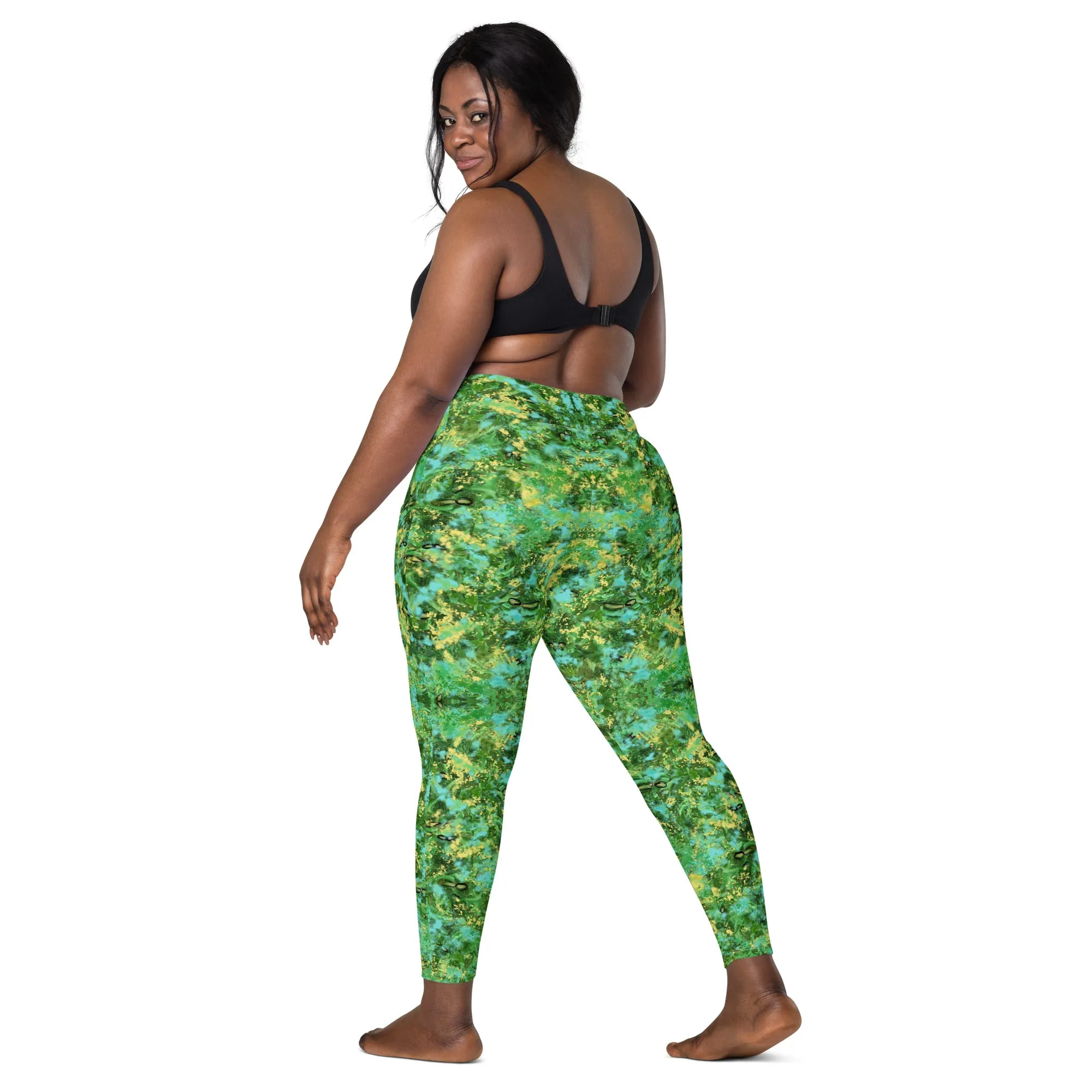 Green blue Kalidoscope Crossover leggings with pockets