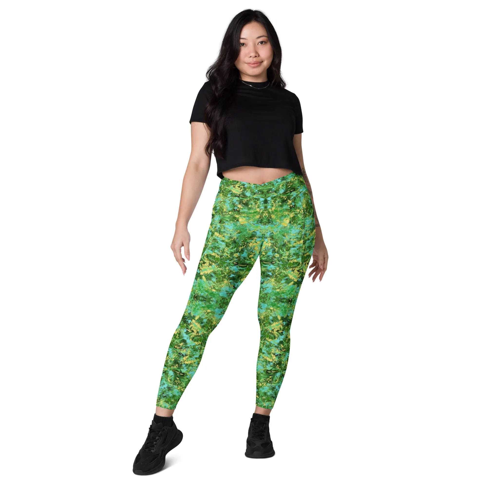 Green blue Kalidoscope Crossover leggings with pockets