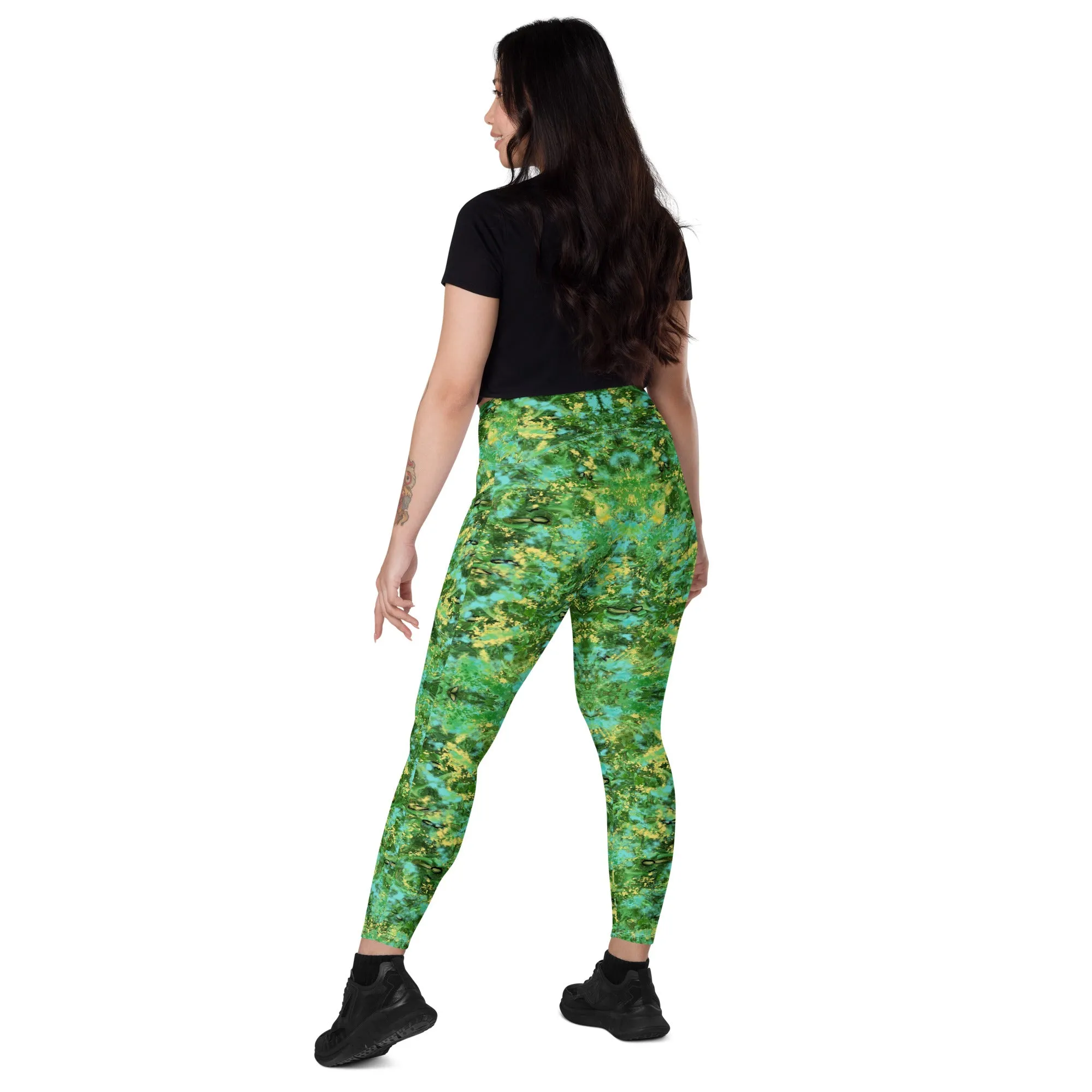 Green blue Kalidoscope Crossover leggings with pockets