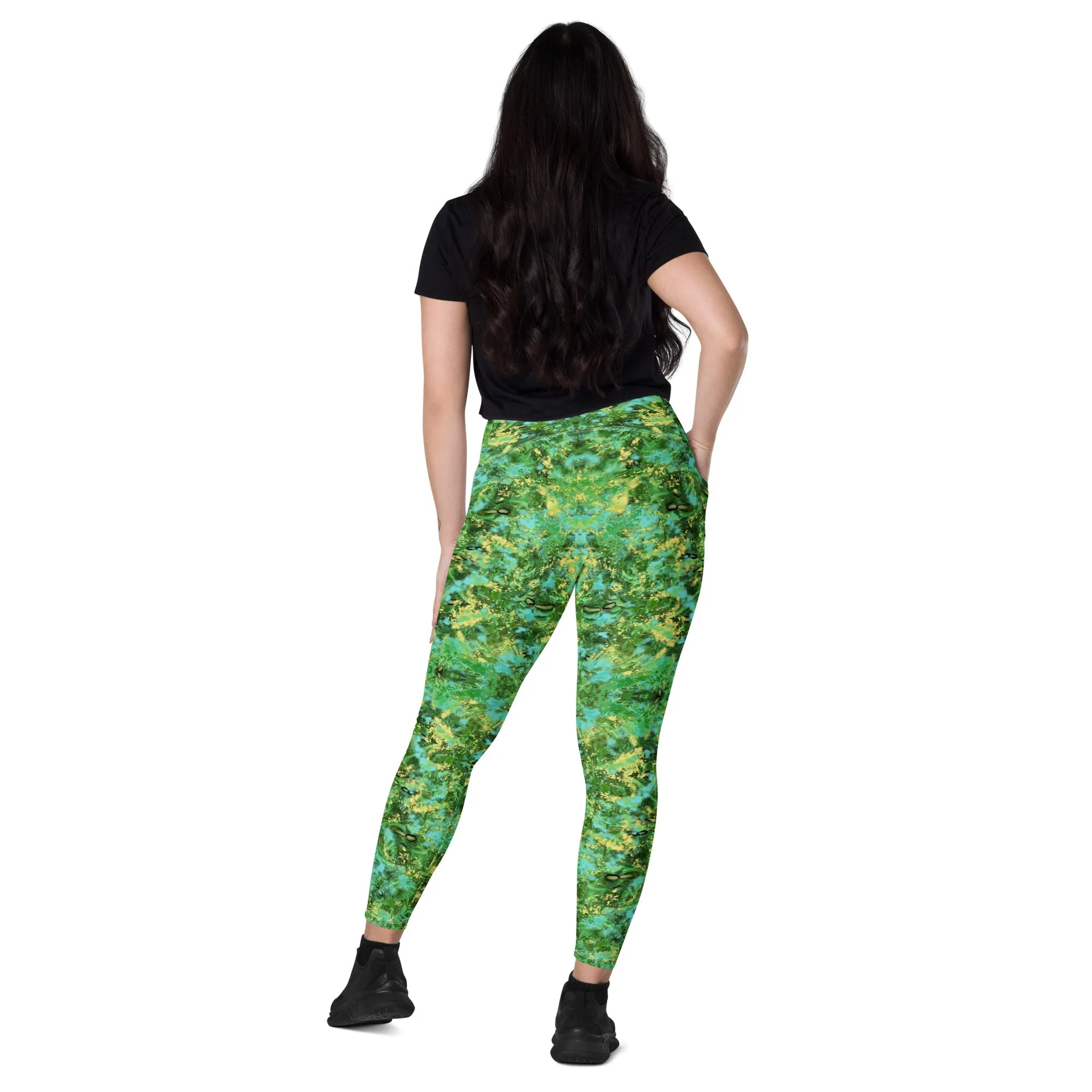 Green blue Kalidoscope Crossover leggings with pockets