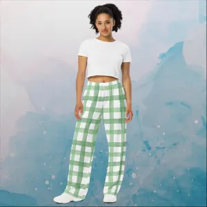 Green Gingham Print Unisex Wide Leg Pants