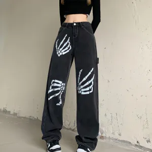 Grunge Skeleton Hand Printed Jeans